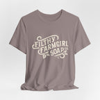 Filthy Farmgirl Soap Co. logo t-shirt in Pebble Brown, unisex 100% cotton BELLA+CANVAS tee