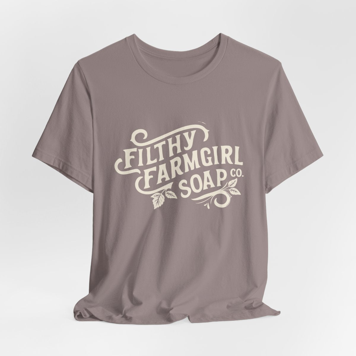 Filthy Farmgirl Soap Co. logo t-shirt in Pebble Brown, unisex 100% cotton BELLA+CANVAS tee