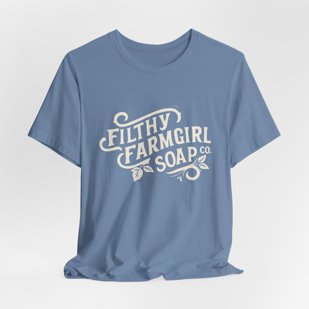 Filthy Farmgirl Soap Co. logo t-shirt in Steel Blue, unisex 100% cotton BELLA+CANVAS tee
