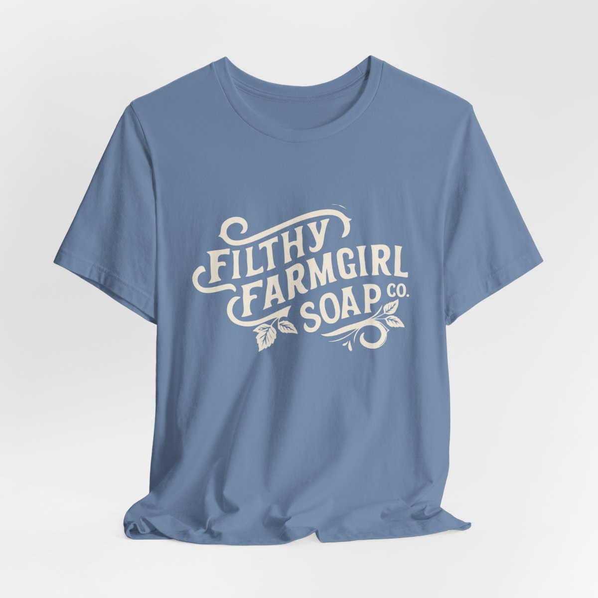 Filthy Farmgirl Soap Co. logo t-shirt in Steel Blue, unisex 100% cotton BELLA+CANVAS tee