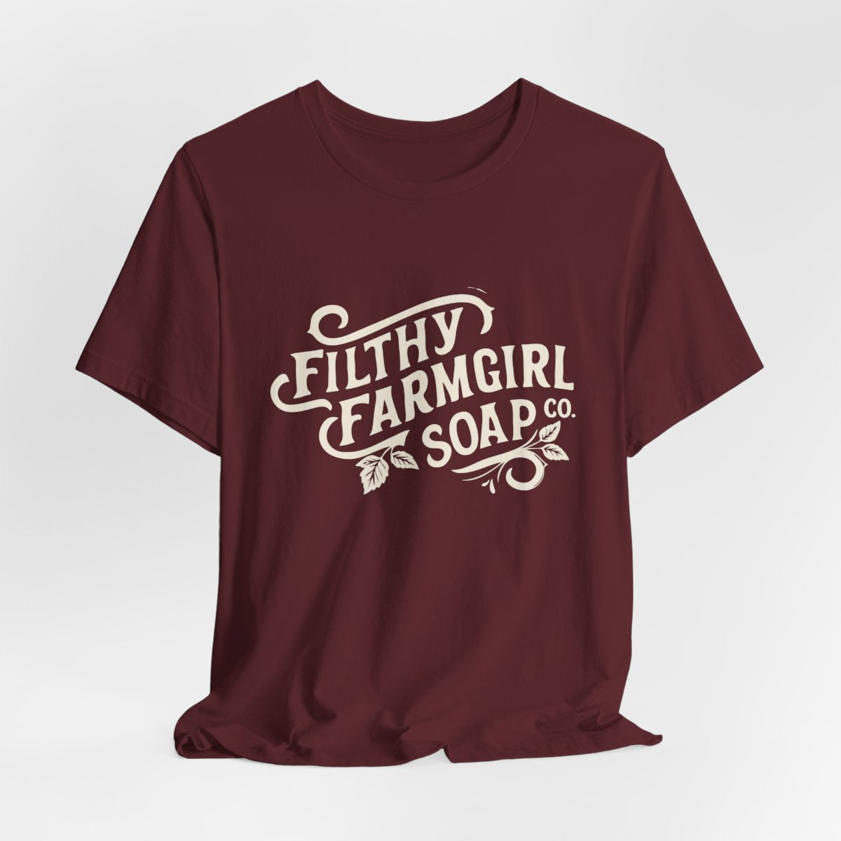 Filthy Farmgirl Soap Co. logo t-shirt in Maroon, unisex 100% cotton BELLA+CANVAS tee